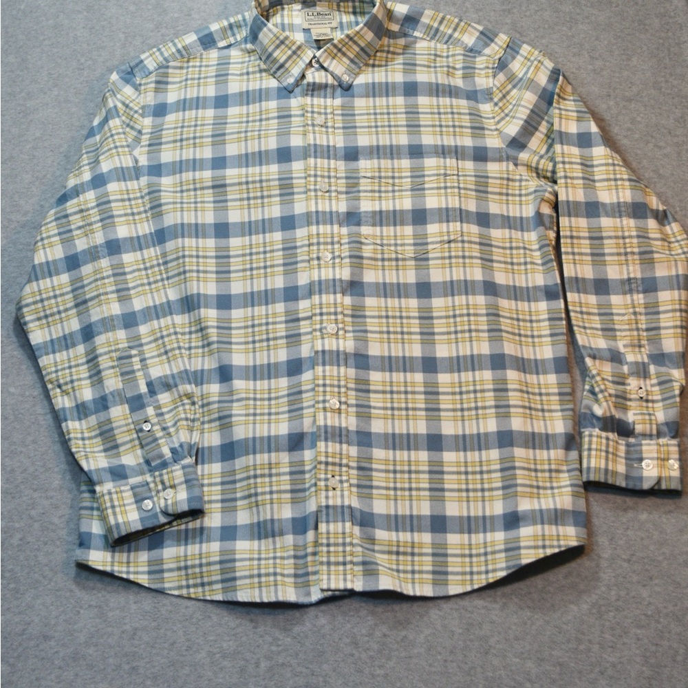 L.L. Bean Shirt Mens Medium Long Sleeve Button Down Plaid Blue Yellow White